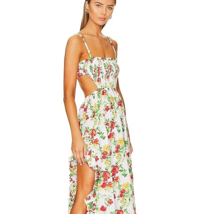 ladies-floral-dress-special-occasion-Caroline Constas Margo White Floral Ruffled Maxi Dress Cut Out