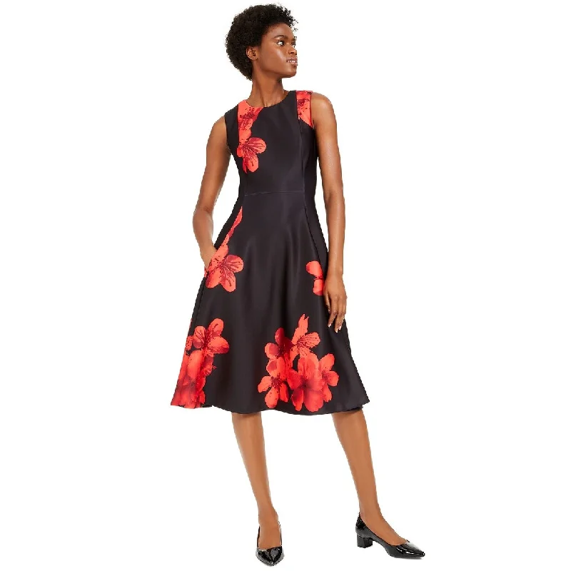 ladies-trumpet-dress-petite-size-Calvin Klein Women's Floral-Print Fit & Flare Dress Black Size 6