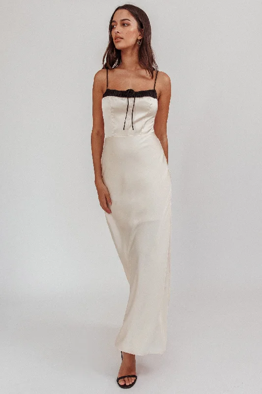 ladies-maxi-dress-autumn-look-Tomorrow's Love Gathered Bow Neckline Maxi Dress Oyster