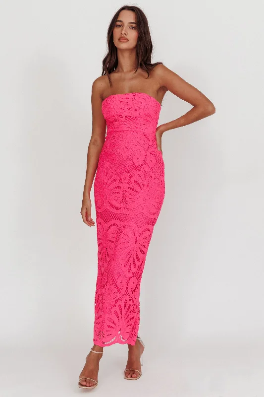 ladies-maxi-dress-mesh-insert-Bia Strapless Lace Embroidered Maxi Dress Hot Pink