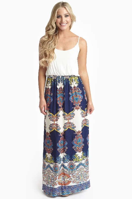 ladies-floral-dress-olive-green-Navy Floral Paisley Printed Bottom Maxi Dress