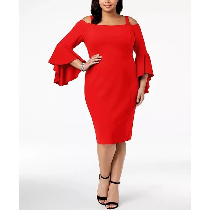 ladies-trumpet-dress-fitted-bodice-R & M Richards Women's Plus Off The Shoulder Flared Sleeve Dress Red Size 22W