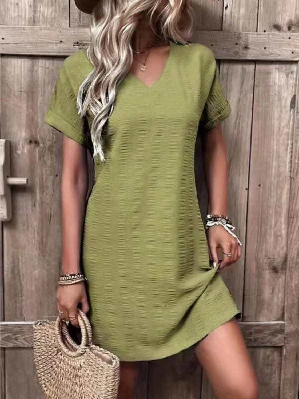 ladies-mini-dress-pleated-skirt-V-Neck Short Sleeve Mini Dress