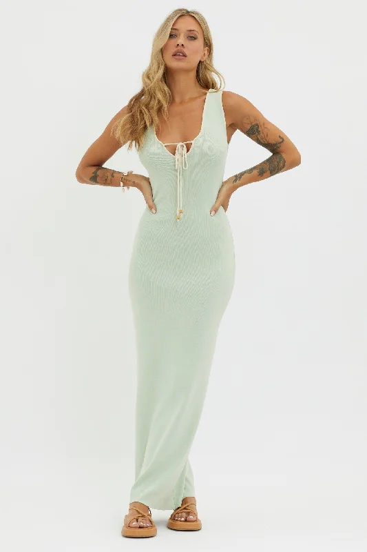 ladies-maxi-dress-plus-size-Karyssa Tied Bust Knit Maxi Dress Sage