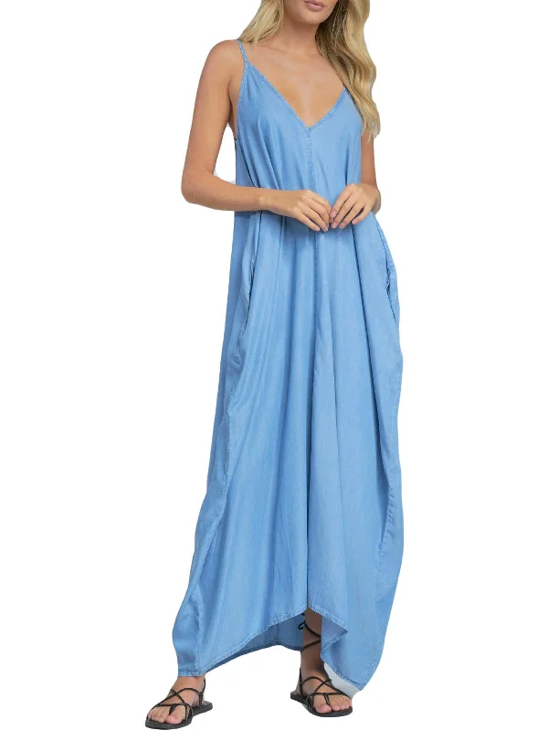 ladies-maxi-dress-square-neck-Spag Womens Chambray Sleeveless Maxi Dress