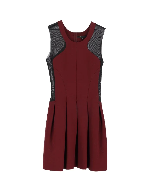 ladies-trumpet-dress-tulle-overlay-Maje Disquette Mesh Insert Fit and Flare Dress in Burgundy Viscose