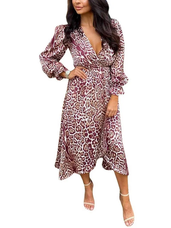 ladies-midi-dress-smocked-waist-Womens Animal Print Faux Wrap Midi Dress