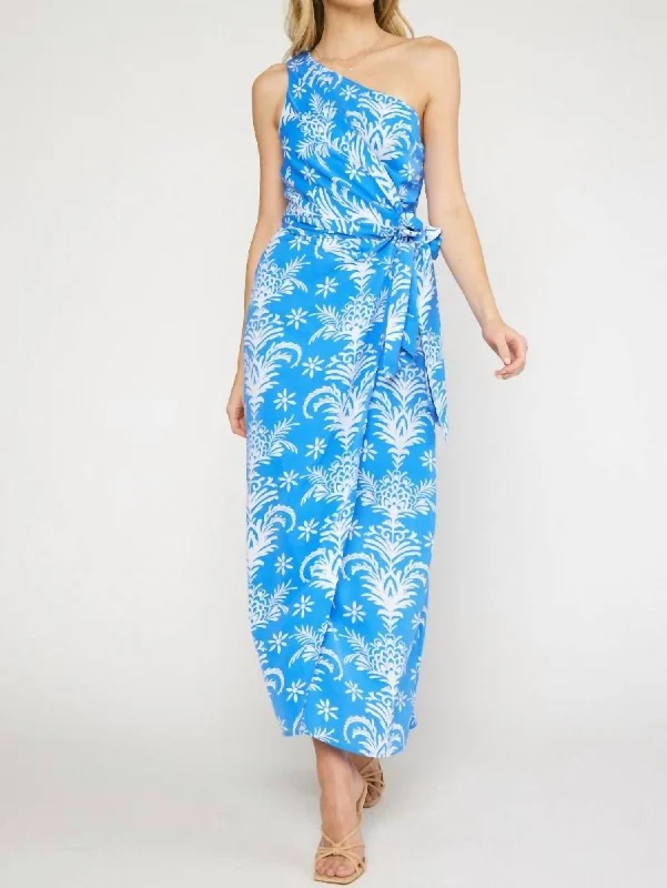 ladies-maxi-dress-stretch-fit-One-Shoulder Sleeveless Maxi Dress In Blue Tropical Print