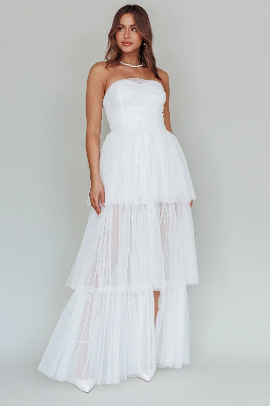 ladies-maxi-dress-breathable-Haeven Tiered Strapless Maxi Dress White