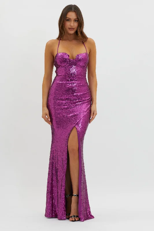 ladies-maxi-dress-brunch-outfit-Starry Eyes Lace-Up Back Sequin Maxi Dress Magenta