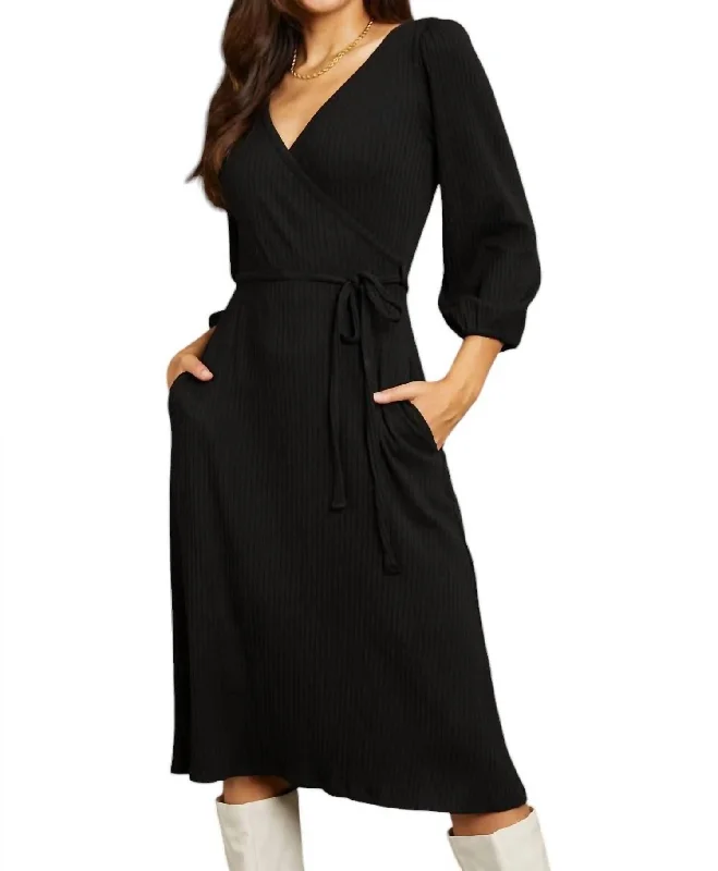 ladies-trumpet-dress-comfortable-wear-Full Size Surplice Flare Ruching Dress In Black