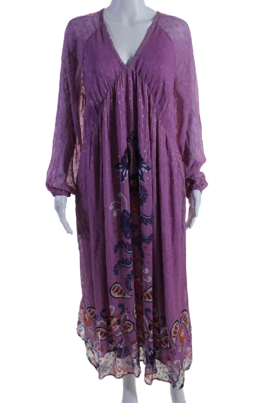 ladies-trumpet-dress-lightweight-Chufy Women's V-Neck Long Sleeves Fit Flare Paisley Orchid Maxi Dress