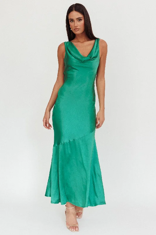 ladies-maxi-dress-padded-shoulder-Cecilia Cowl Neck Drape Back Maxi Dress Emerald