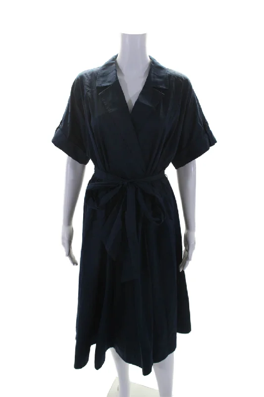 ladies-trumpet-dress-glamorous-look-Trina Turk Womens Cotton Commodore Collar Belted Fit & Flare Dress Navy