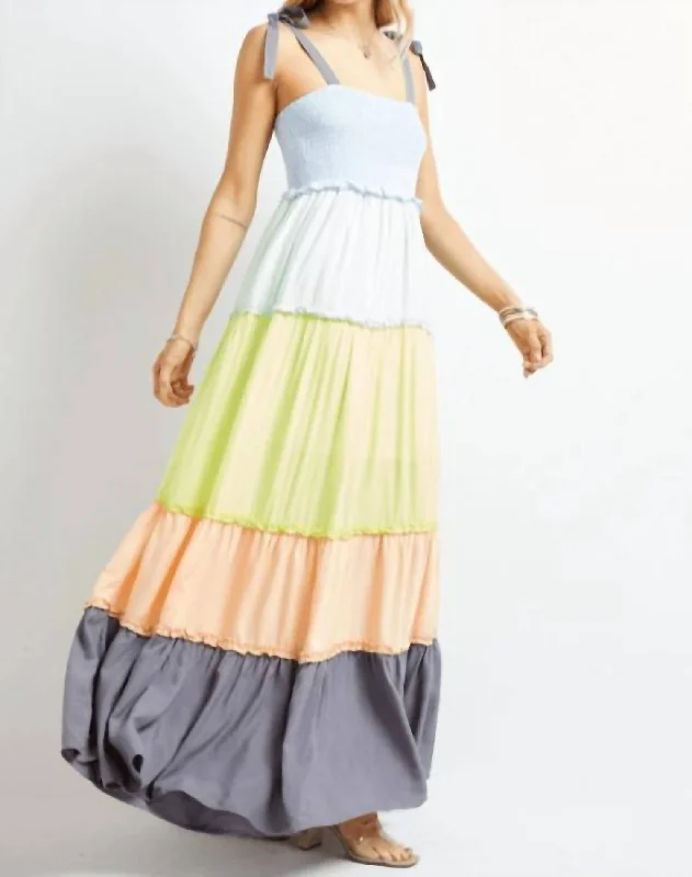 ladies-maxi-dress-one-shoulder-Color Block Sleeveless Smocked Tiered Maxi Dress in Multi