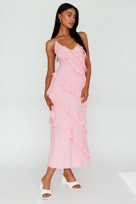 ladies-maxi-dress-seasonal-trend-Arrabel Halterneck Ruffle Maxi Dress Pink