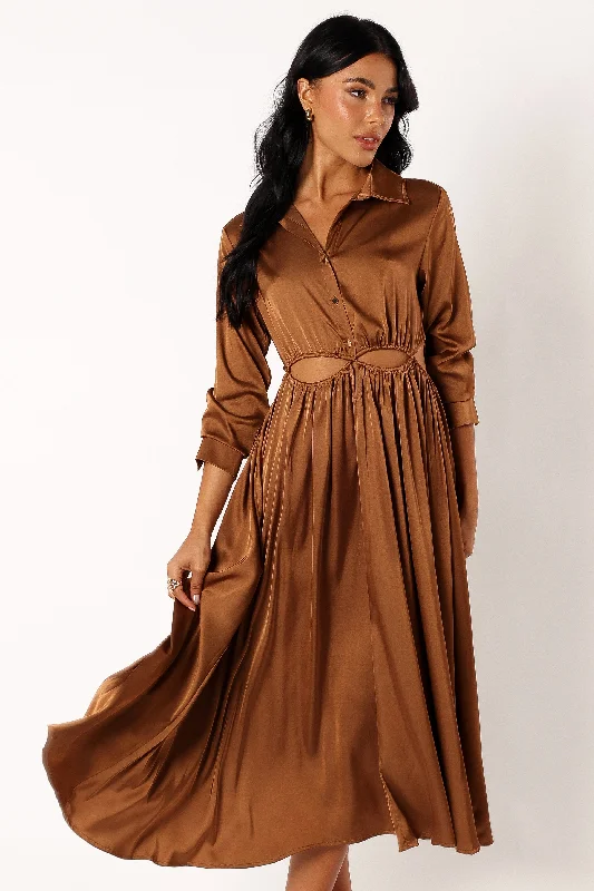 ladies-midi-dress-striped-pattern-Jett Long Sleeve Midi Dress - Bronze