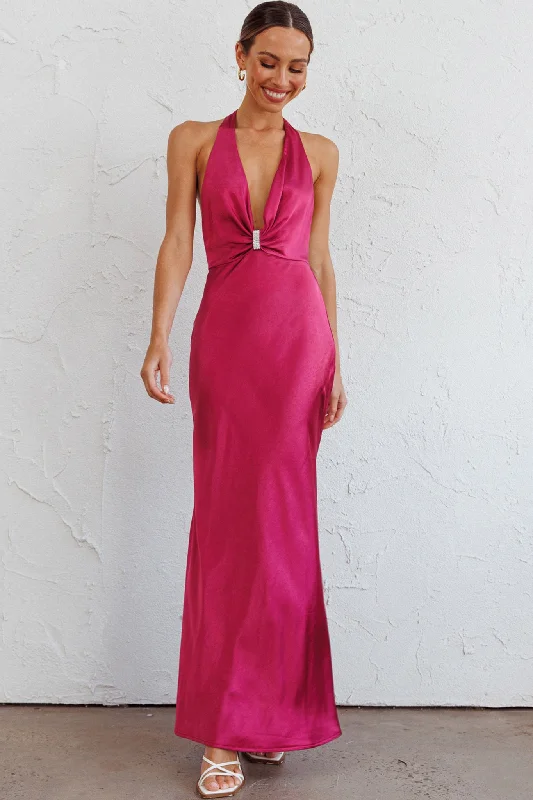 ladies-maxi-dress-girls-night-Oasis Diamante Halterneck Maxi Dress Fuchsia