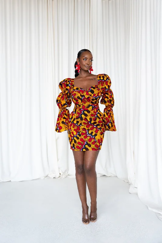 ladies-mini-dress-pleated-skirt-LIRA African Print Off-shoulder Puffy Sleeve Mini Dress