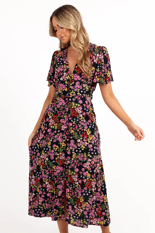 ladies-midi-dress-shift-dress-Owena Midi Dress - Midnight Daisy