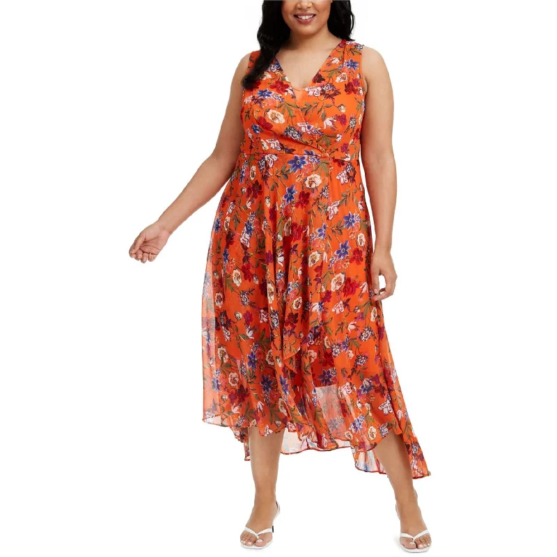 ladies-floral-dress-vibrant-design-Calvin Klein Womens Floral Surplice Dress, Orange, 18W