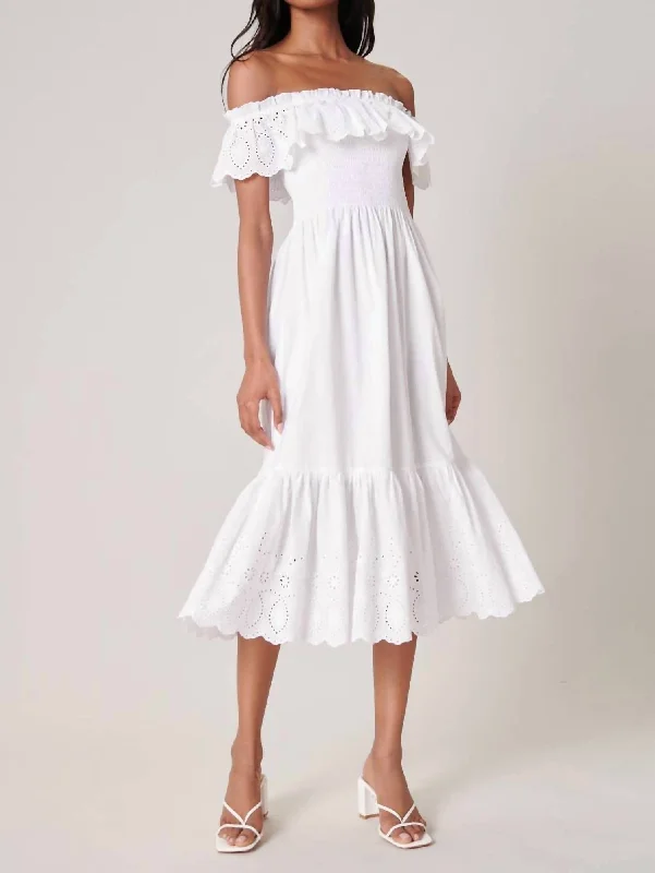 ladies-midi-dress-spring-fashion-Esmeralda Smocked Eyelet Midi Dress In White