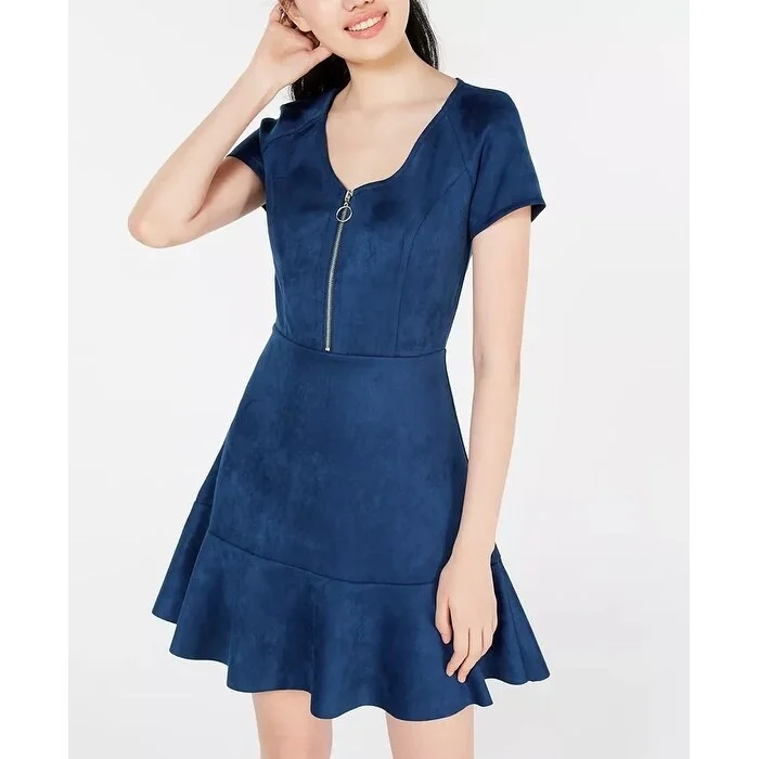 ladies-trumpet-dress-midi-length-Rosie Harlow Juniors' Zip-Front Fit & Flare Dress Navy Size Large