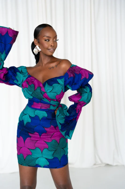 ladies-mini-dress-wrap-dress-ZURI African Print Off-shoulder Puffy Sleeve Mini Dress