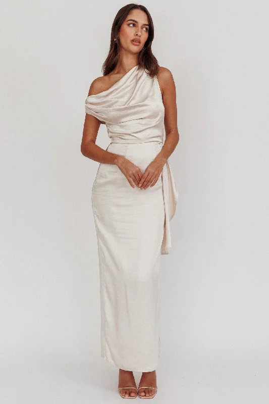 ladies-maxi-dress-cream-soft-Tova Draped One-Shoulder Maxi Dress Champagne