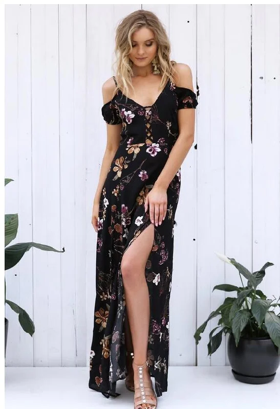 ladies-floral-dress-wine-red-"Nicole" Off-shoulder Floral Print Maxi Dress