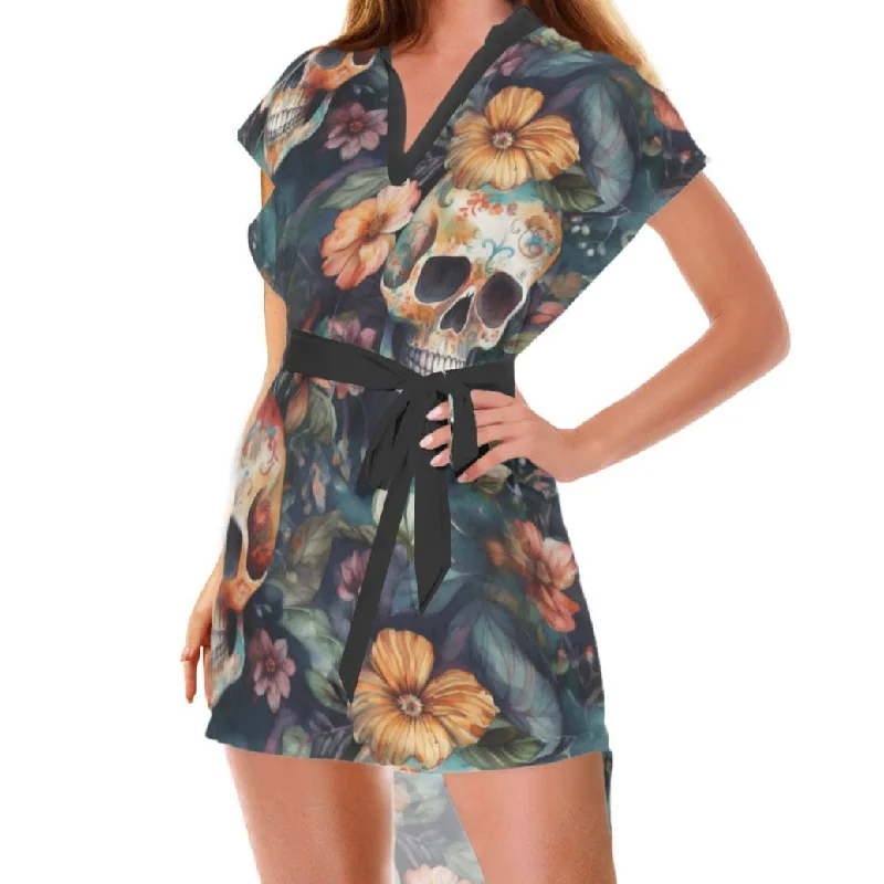 ladies-floral-dress-smocked-waist-Women's Brown Skull Floral Standing Collar Dress With Belt