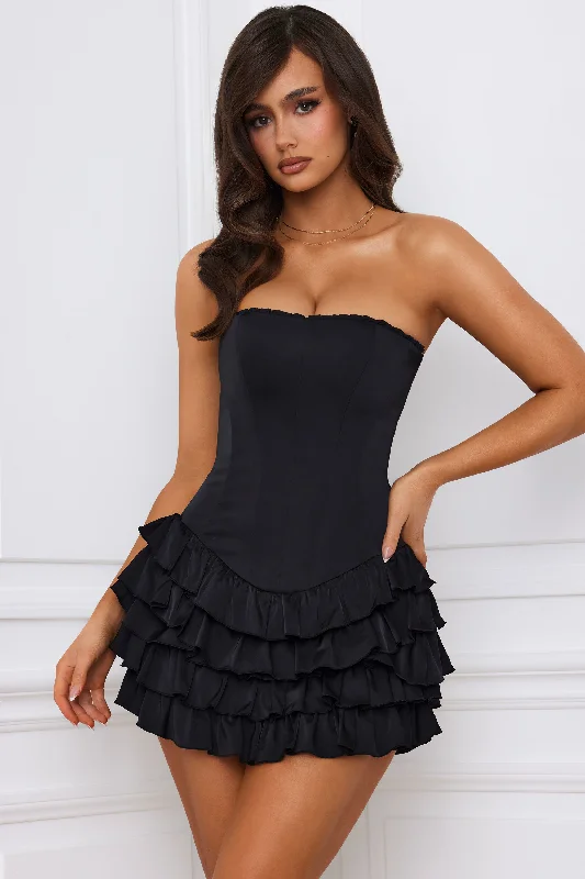 ladies-mini-dress-silver-shimmer-Bandeau Ruffled Tiered Corset Mini Dress in Black