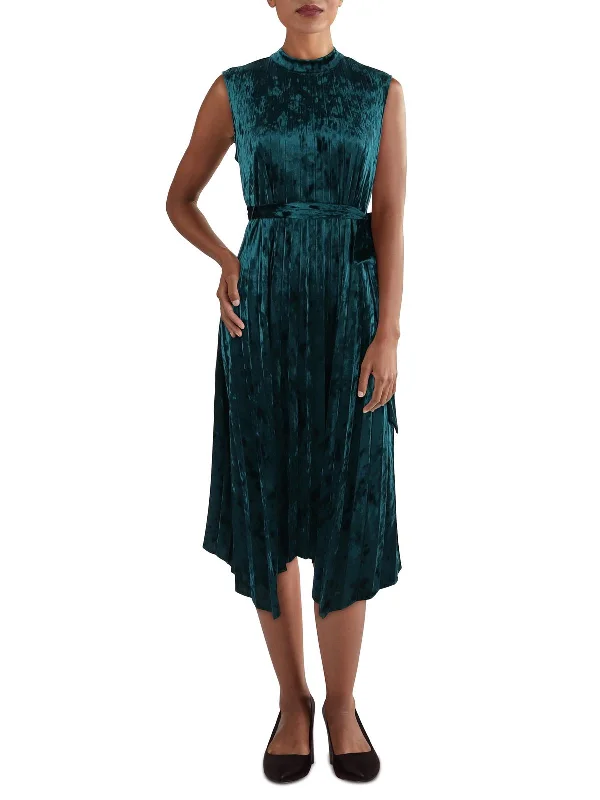 ladies-trumpet-dress-pleated-skirt-Petites Womens Velvet Sleeveless Fit & Flare Dress