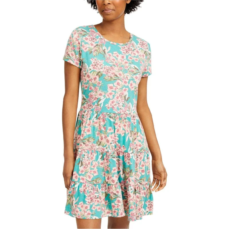 ladies-floral-dress-ruched-detail-Bebop Womens Floral Print Tiered Dress