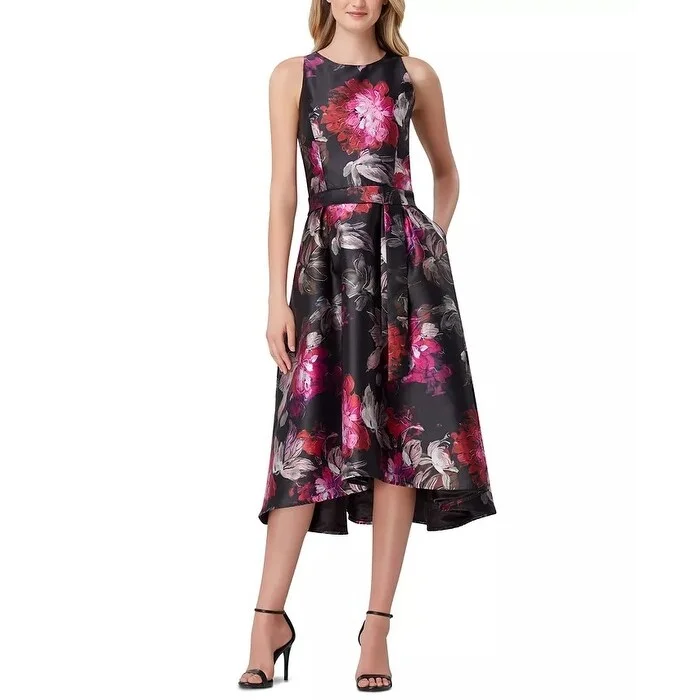 ladies-trumpet-dress-ruched-detail-Tahari ASL Women's Mikado Floral Fit & Flare Midi Dress Black Pink Size 6