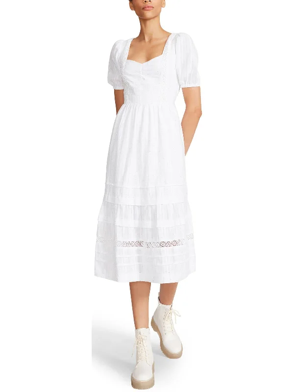 ladies-midi-dress-weekend-vibe-Womens Cotton Puff Sleeves Midi Dress