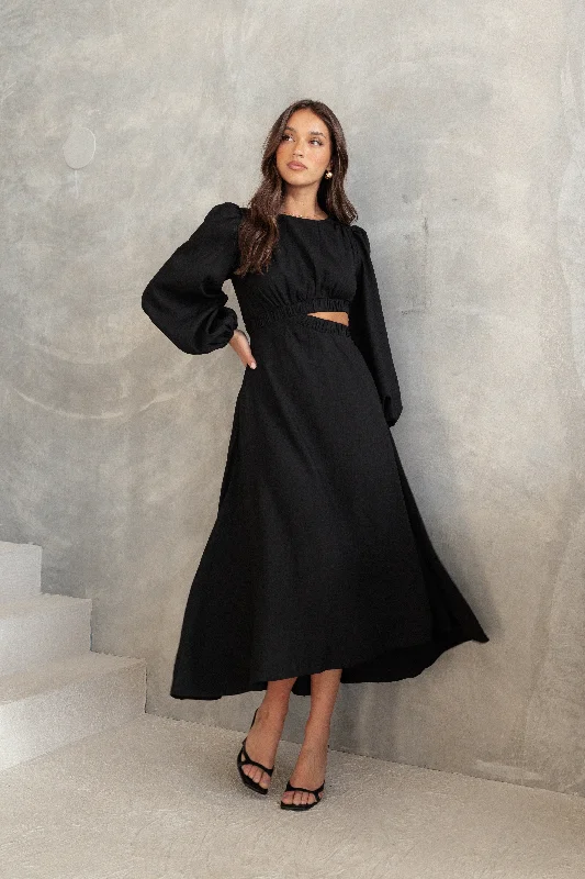 ladies-midi-dress-vacation-wear-Ginnee Puff Sleeve Cutout Midi Dress - Black