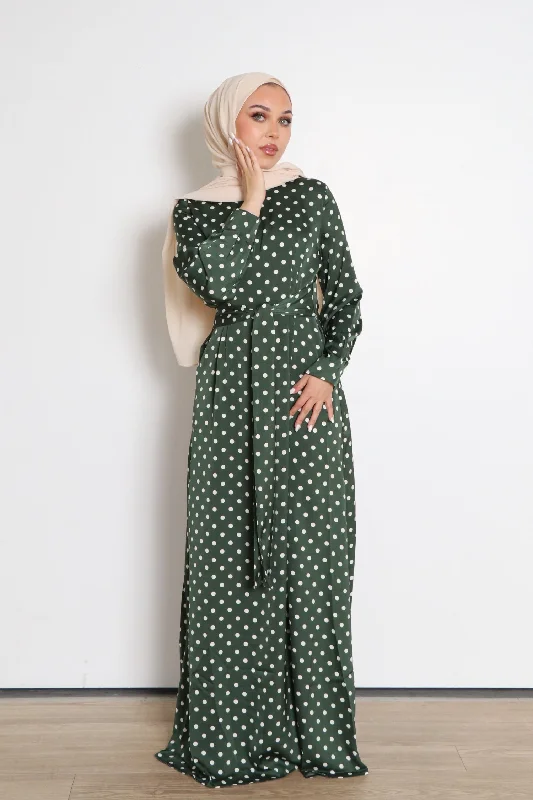 ladies-floral-dress-v-neck-Devina Satin Floral Dress- Emerald Green