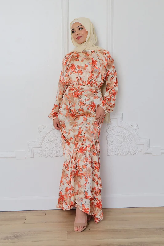 ladies-floral-dress-sky-blue-Thalia Satin Floral Chiffon Maxi Dress- Muted Peach