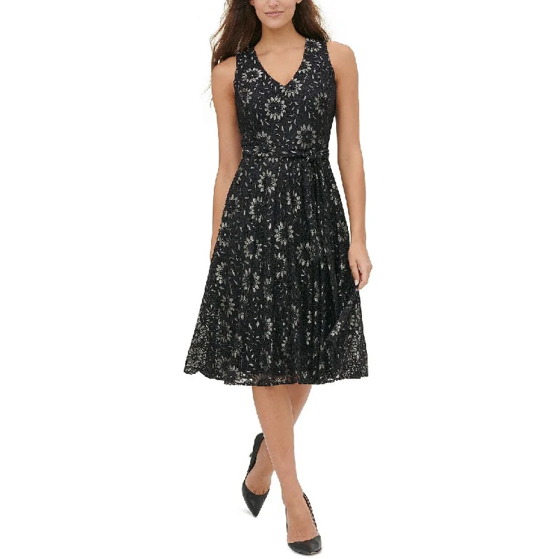 ladies-trumpet-dress-high-waist-Tommy Hilfiger Women's Floral-Lace Fit & Flare Dress Black Size 14