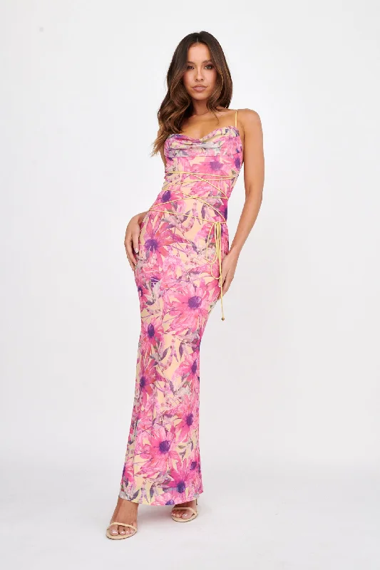 ladies-maxi-dress-navy-chic-Teava Laced Waist Maxi Dress Flower Pink