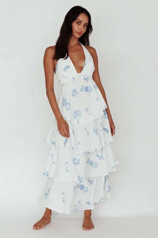 ladies-maxi-dress-lace-detail-Catalina Tiered Ruffle Maxi Dress White Blue