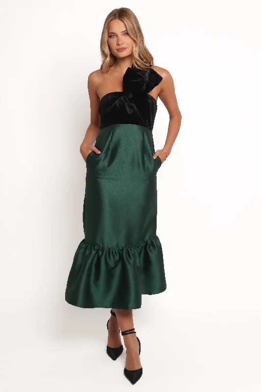 ladies-midi-dress-retro-design-Amelie Bow Front One Shoulder Midi Dress - Black/Emerald