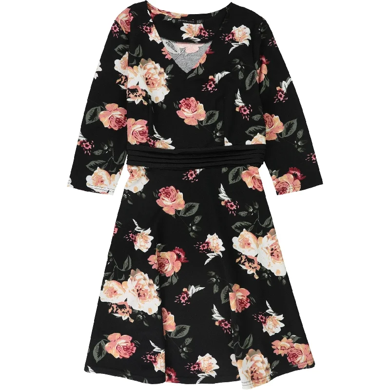 ladies-floral-dress-short-sleeve-Homeyee Womens V-Neck Floral Print A-line Dress, Black, 10