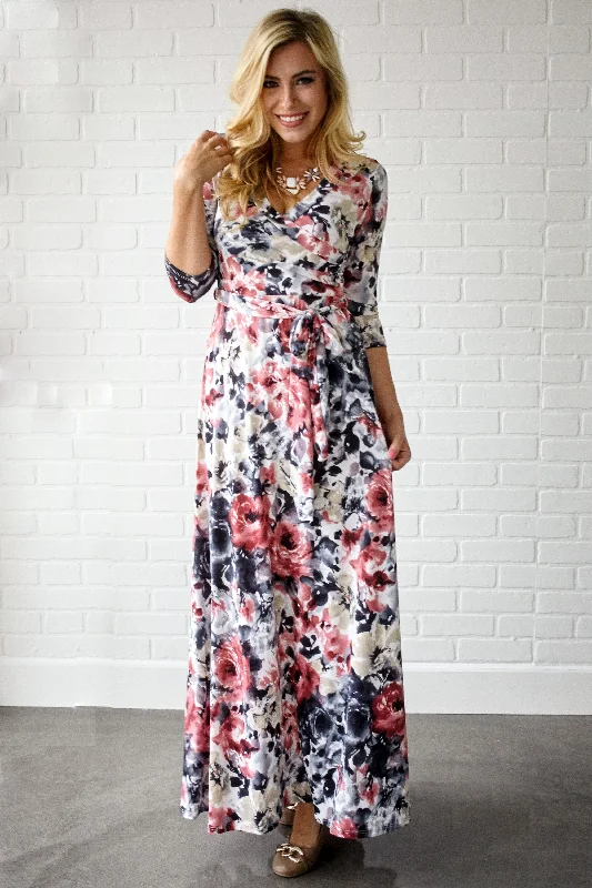 ladies-floral-dress-turquoise-base-Rose Watercolor Floral Draped Maxi Dress