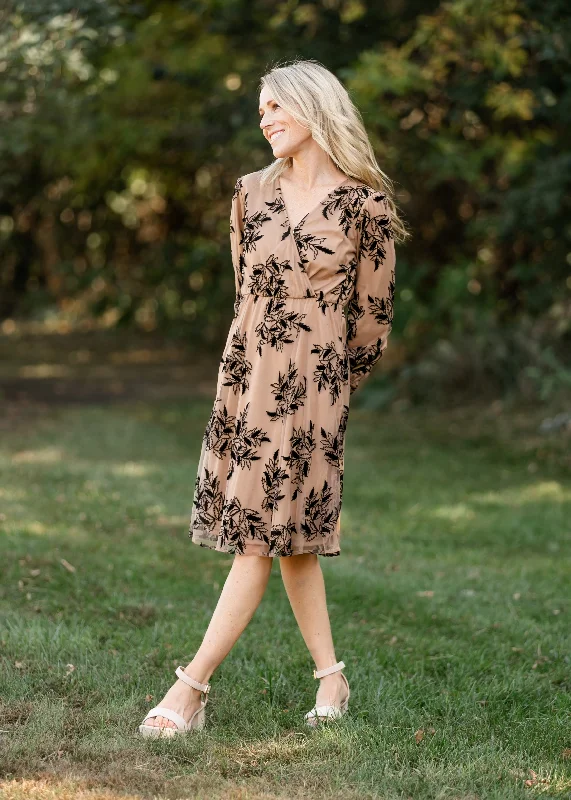 ladies-floral-dress-mixed-florals-Long Sleeve Velvet Floral Print Midi Dress