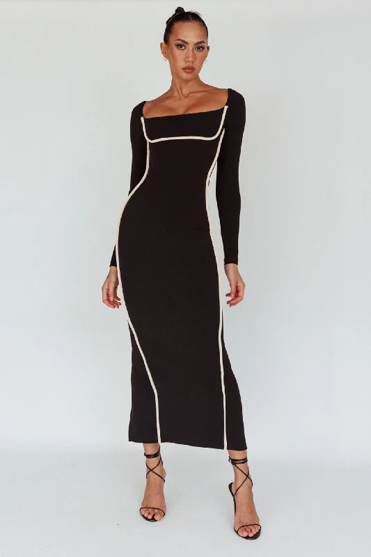 ladies-maxi-dress-classic-design-Sunny Coast Long Sleeve Piping Maxi Dress Black