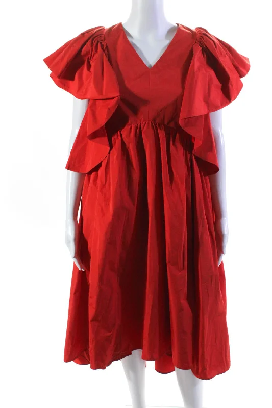 ladies-trumpet-dress-asymmetrical-Adeam Women's V-Neck Flutter Sleeves Ruffle Flare Midi Matsuri Dress Red