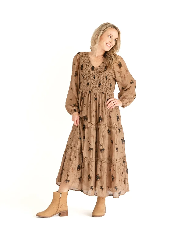 ladies-floral-dress-sandstone-Mocha Floral V-neck Smocked Maxi Dress