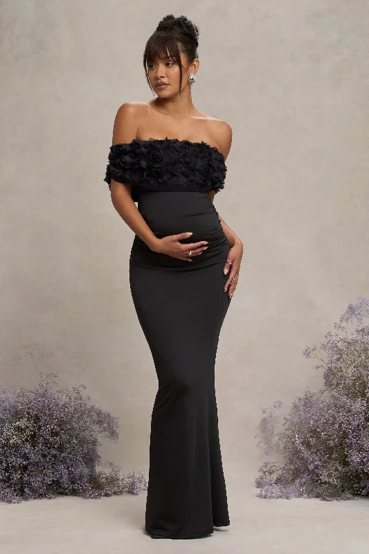 ladies-floral-dress-sustainable-fashion-Inflorescence | Black Mesh Floral Bardot Maternity Maxi Dress